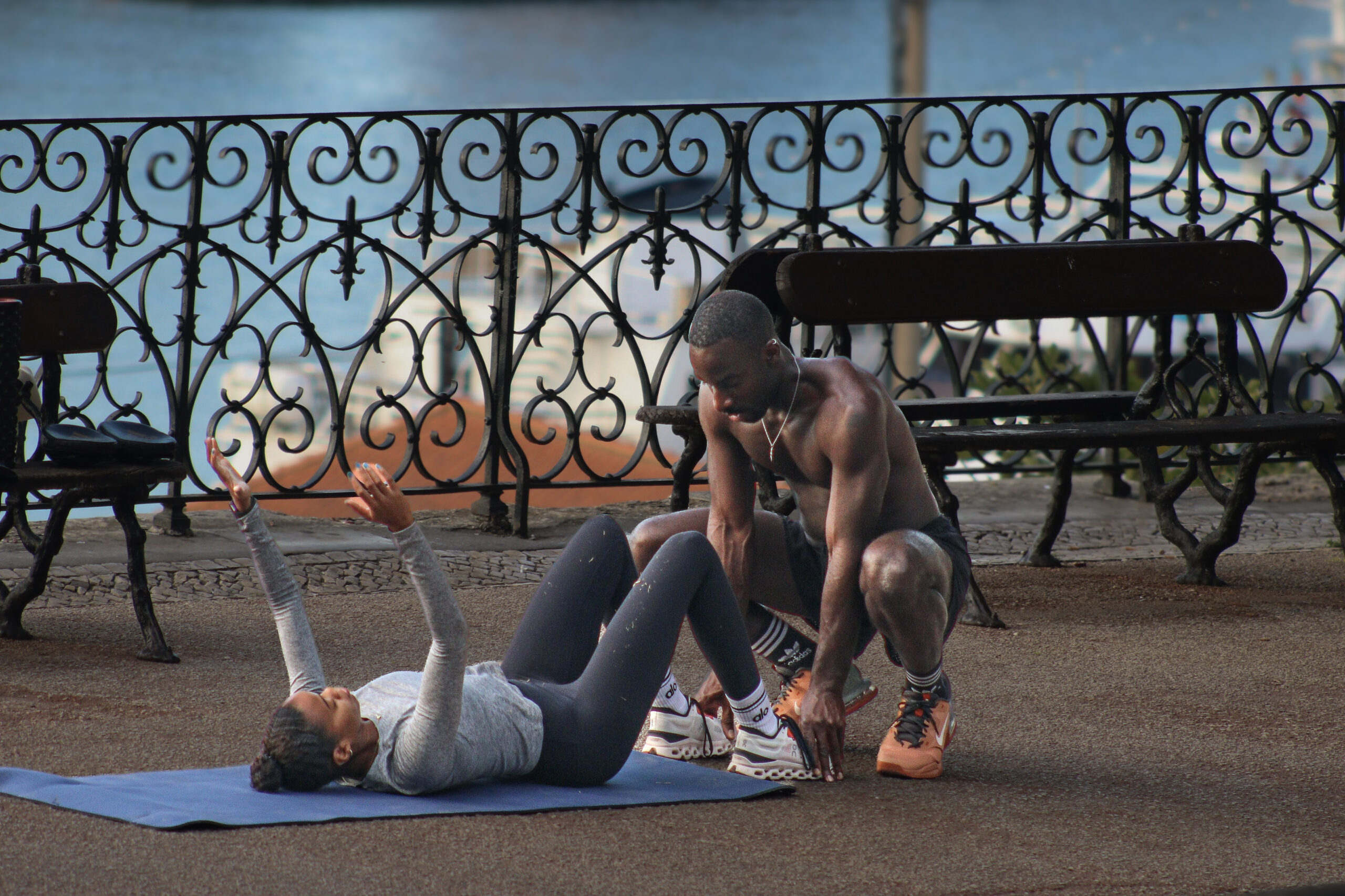 Outdoor Ab Workout on a Harbour Viewpoint Terrace