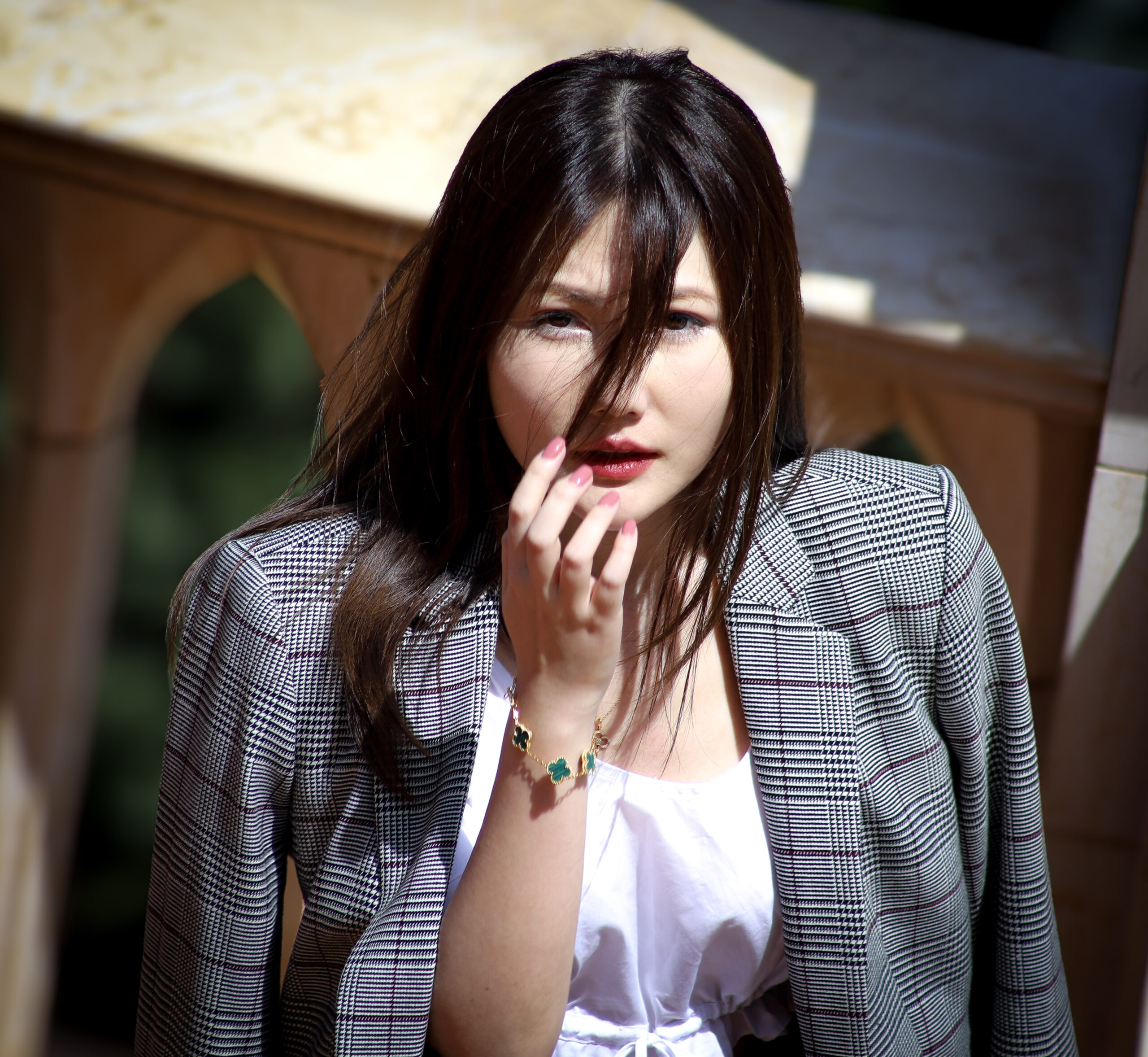 Glen Plaid Blazer and Clover Bracelet in Hard Afternoon Sun